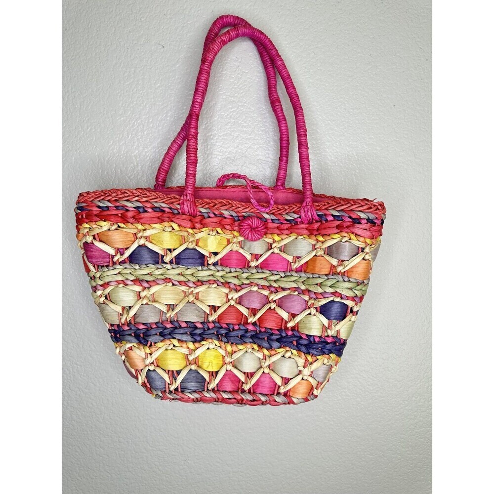 Lane Bryant Accents Tote Bag Womens Pink Multicolor Woven Corn Husk Straw Purse